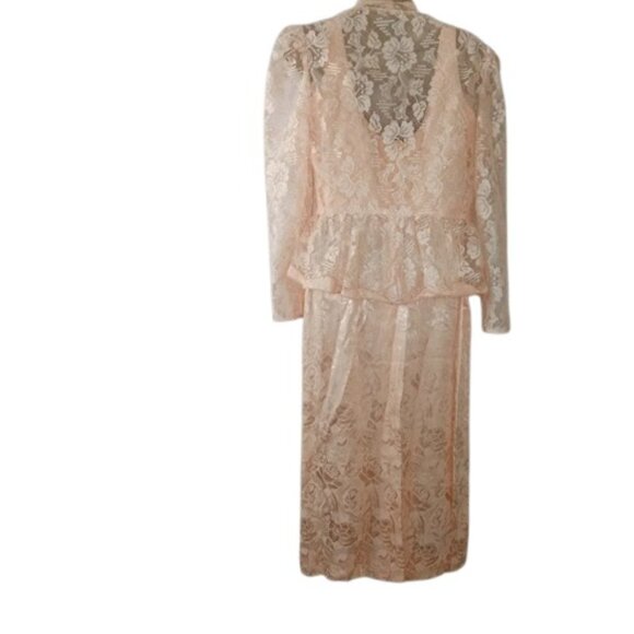 Vintage Lee Jordan Womens Midi Jacket Dress Peach Floral Satin Jacquard Lace 6 - Picture 3 of 5
